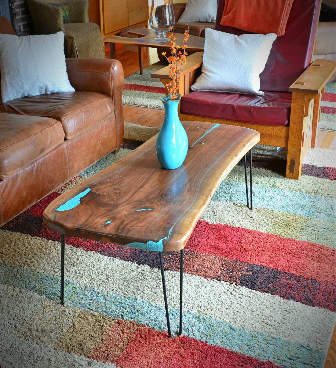 American Elm Coffee Table With Turquoise Inlay